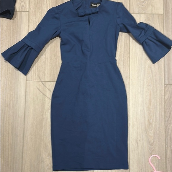 Navy Blue Sheath Dress with Mock Neck and Bell Sleeves for Work - Picture 10 of 12